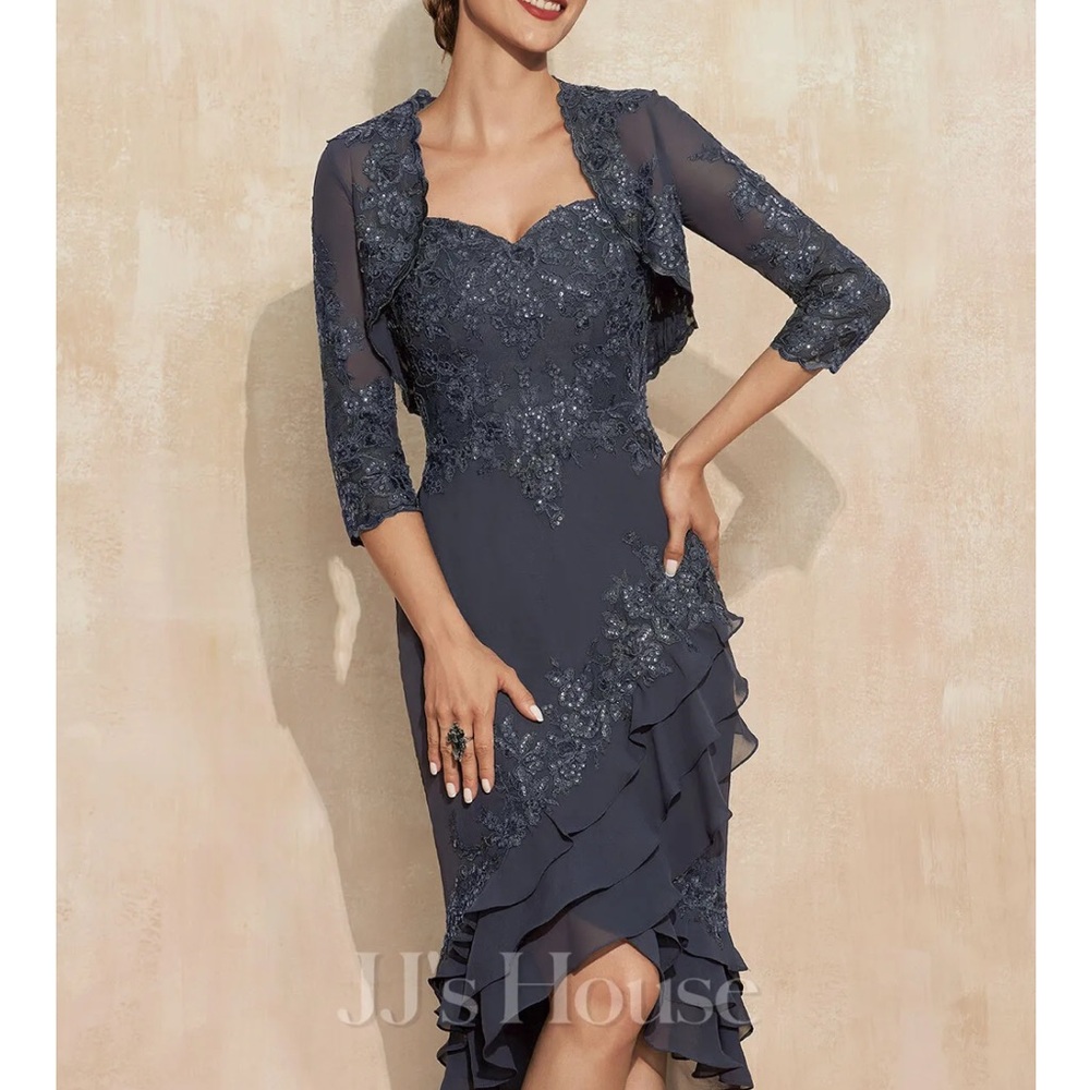 JJs House Gray Lace High Low Dress with Jacket